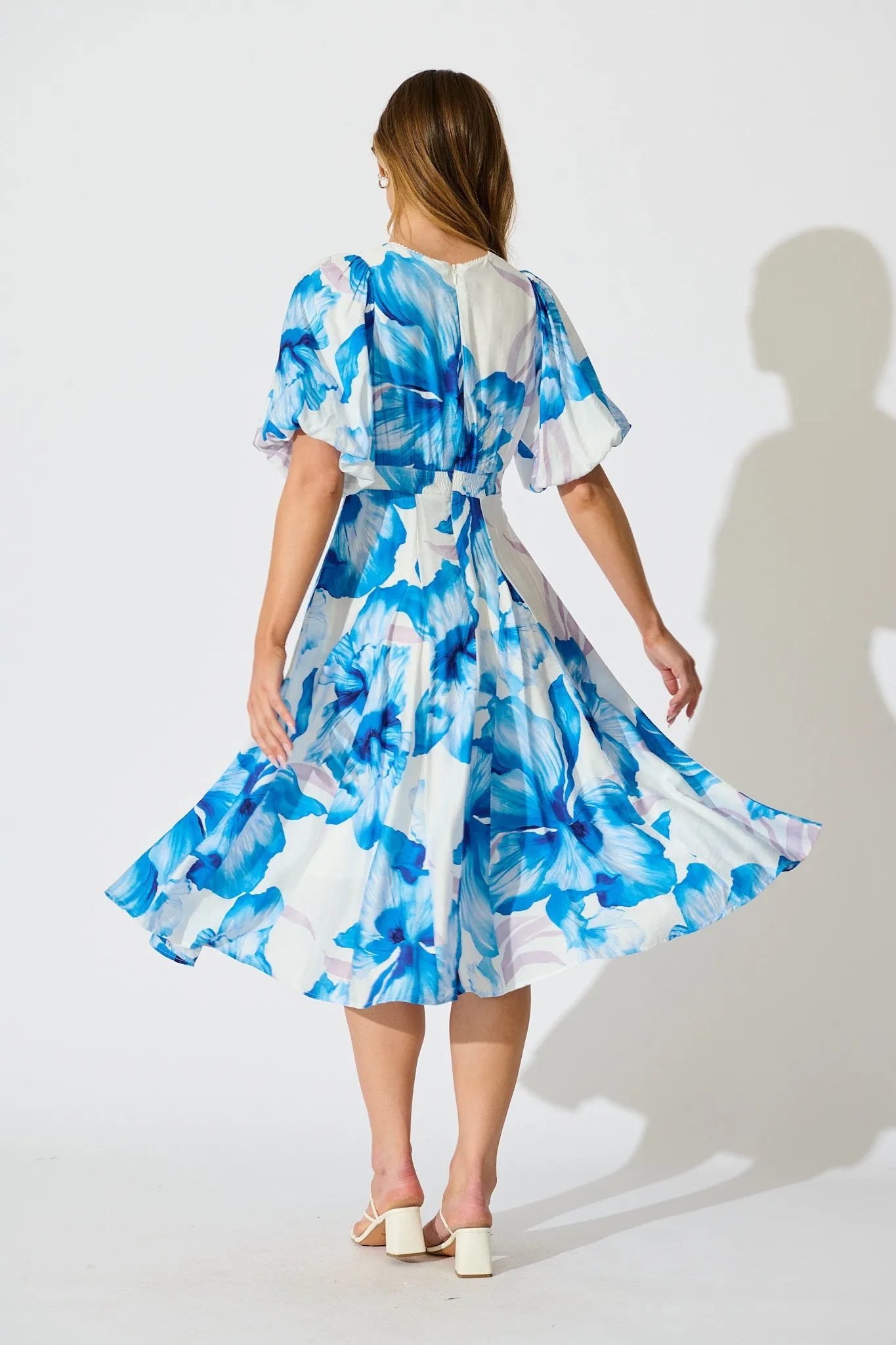 Callista Midi Dress in White with Blue Floral sold by St Frock product image thumbnail 4