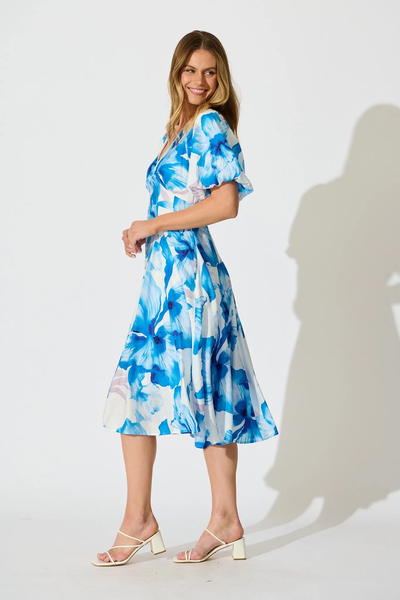Callista Midi Dress in White with Blue Floral sold by St Frock product image thumbnail 3