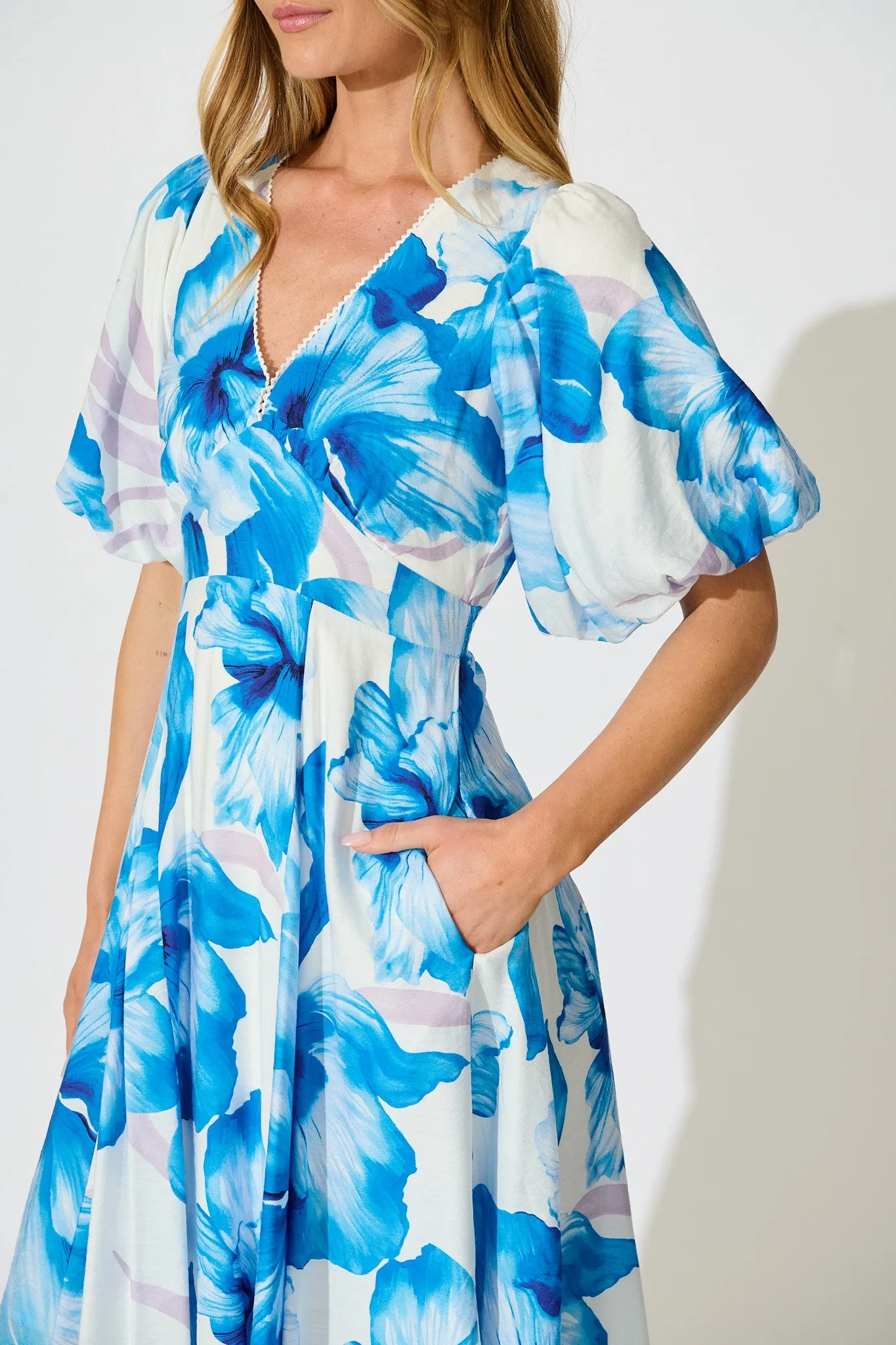Callista Midi Dress in White with Blue Floral sold by St Frock product image thumbnail 5