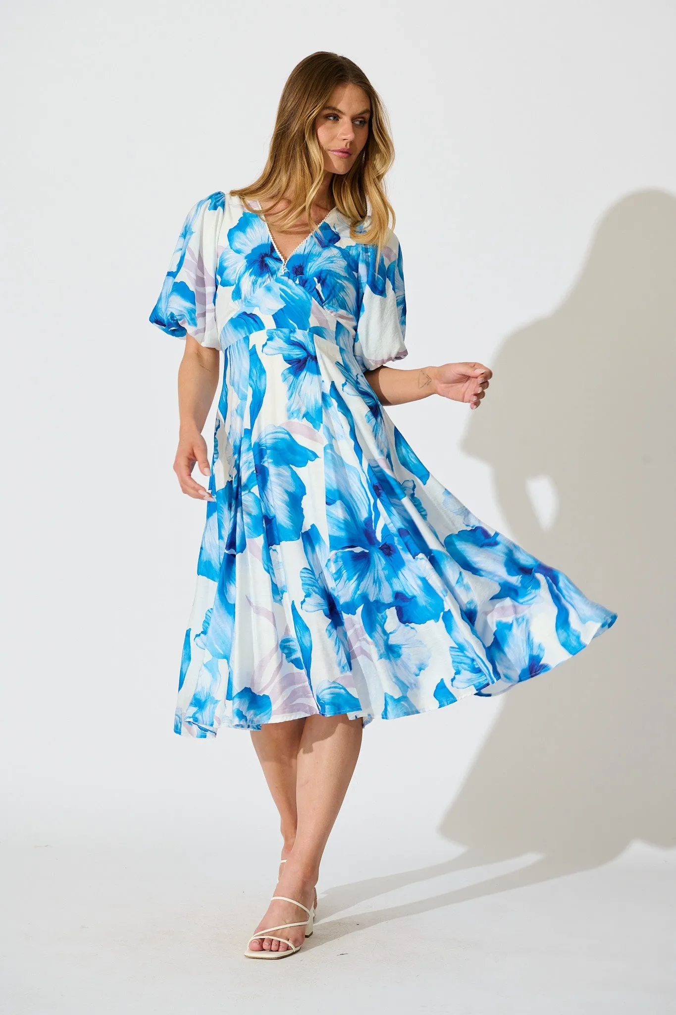 Callista Midi Dress in White with Blue Floral sold by St Frock