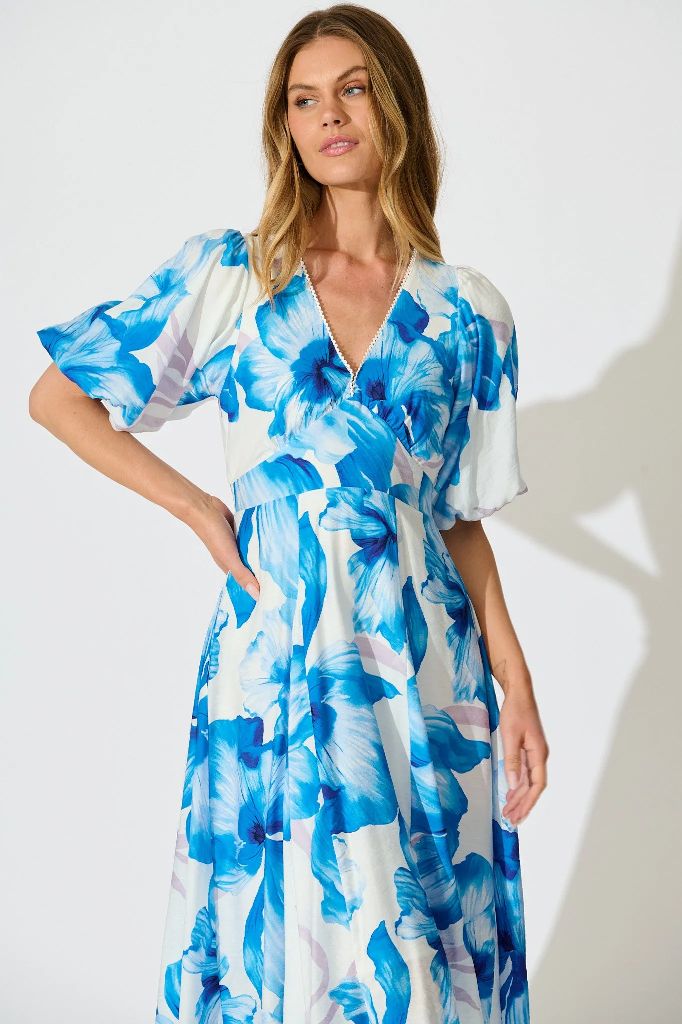 Callista Midi Dress in White with Blue Floral sold by St Frock product image thumbnail 2