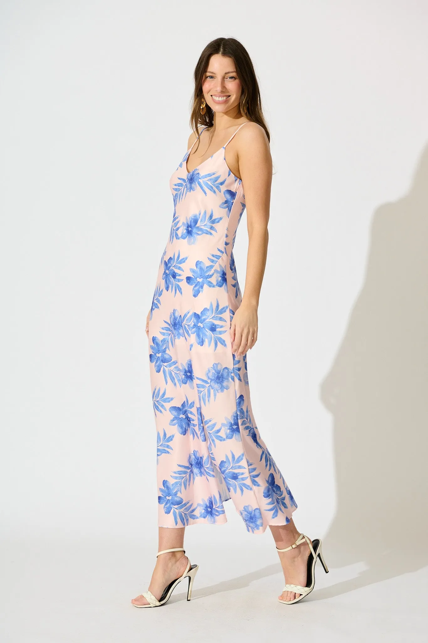Alliana Maxi Sundress in Blush with Blue Floral Print sold by St Frock product image thumbnail 3