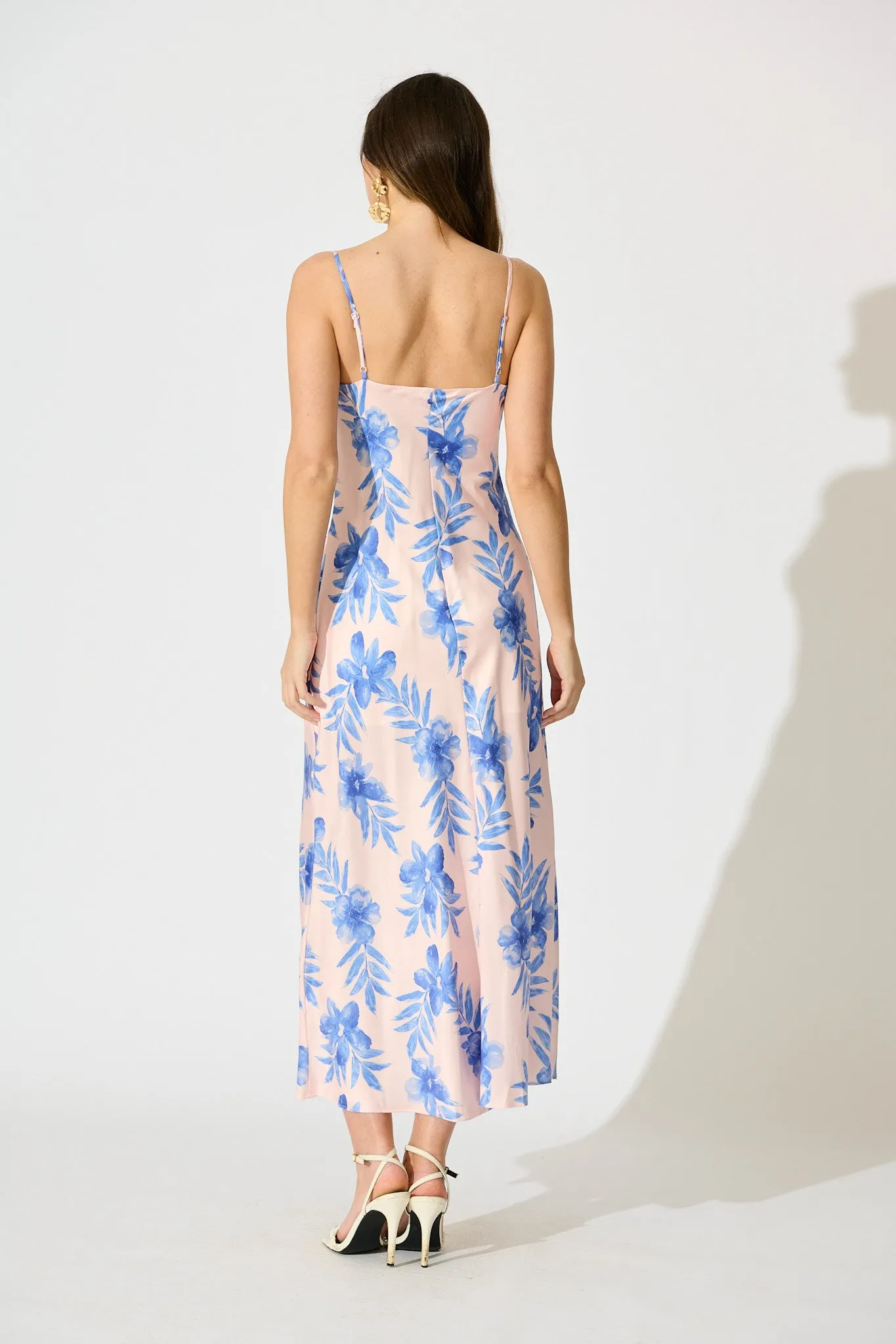 Alliana Maxi Sundress in Blush with Blue Floral Print sold by St Frock product image thumbnail 4