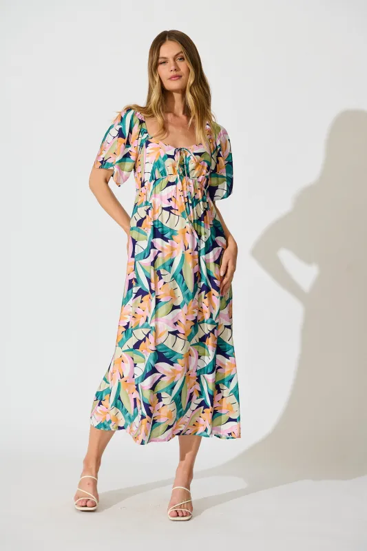 Anemone Midi Dress in Multi Leaf Print sold by St Frock