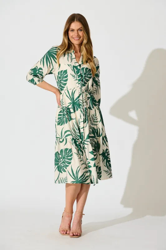 Charmaine Midi Dress in Cream with Green Print sold by St Frock