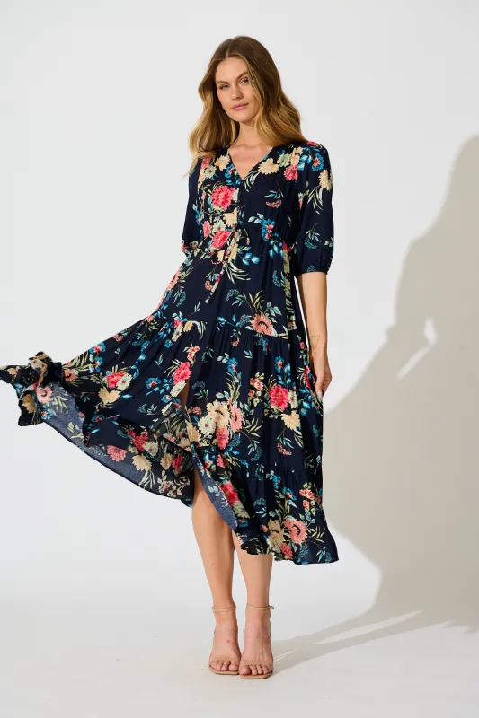Jolanta Midi Dress in Navy with Multi Floral sold by St Frock