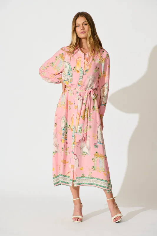 Henley Midi Shirt Dress in Pink Multi Print sold by St Frock