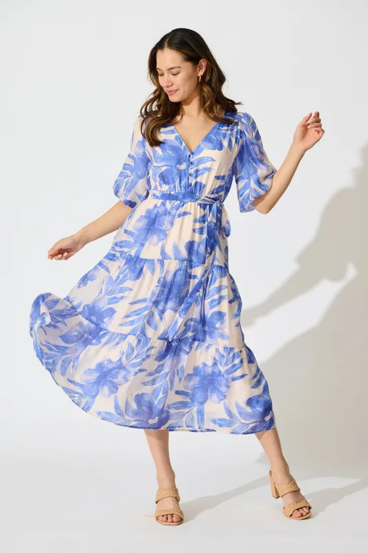 Lumora Midi Dress in Blush with Blue Floral Print sold by St Frock