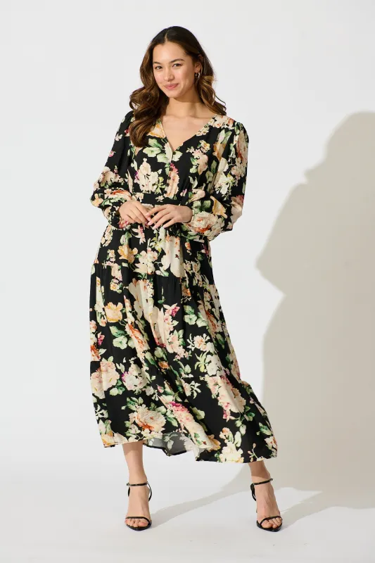 Zodie Midi Dress in Black Multi Floral Print sold by St Frock