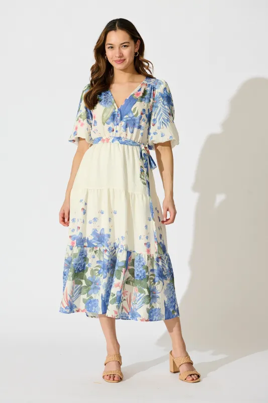Mae Midi Dress in Cream with Blue Floral Print sold by St Frock