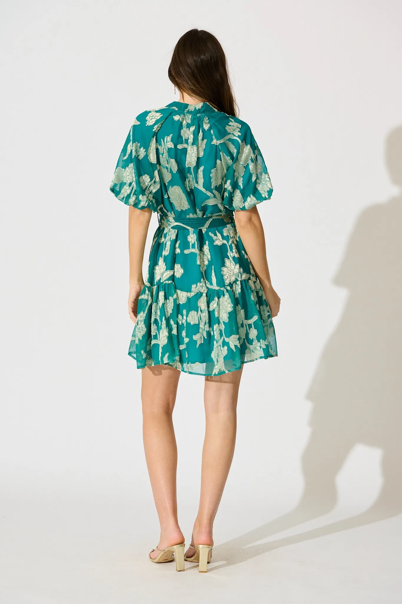 Dawnfall Dress in Teal with Pale Gold Floral Burnout Chiffon sold by St Frock product image thumbnail 4