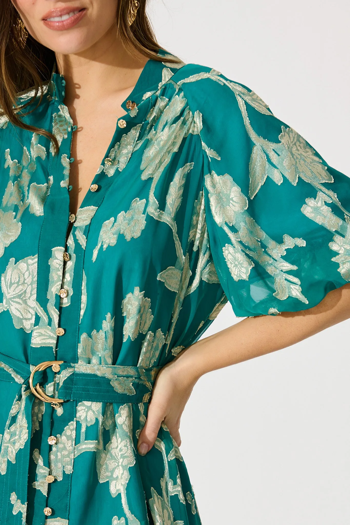 Dawnfall Dress in Teal with Pale Gold Floral Burnout Chiffon sold by St Frock product image thumbnail 5