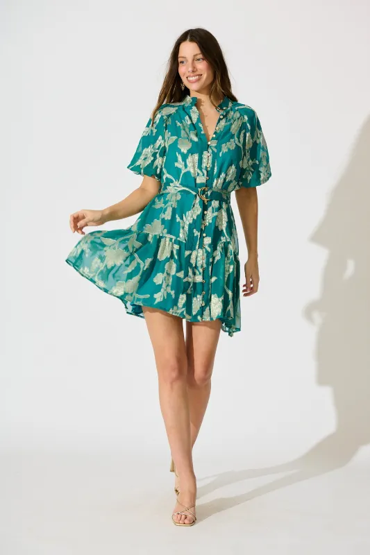 Dawnfall Dress in Teal with Pale Gold Floral Burnout Chiffon sold by St Frock