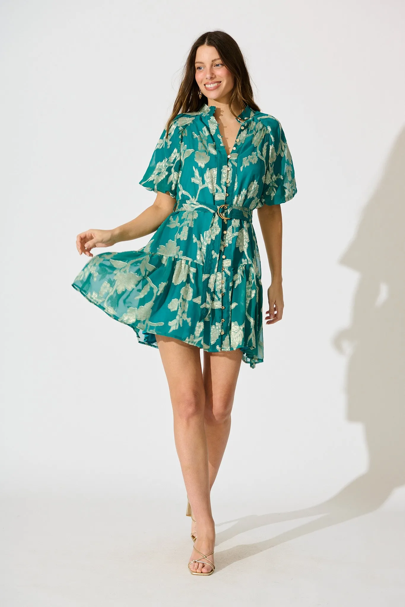 Dawnfall Dress in Teal with Pale Gold Floral Burnout Chiffon sold by St Frock