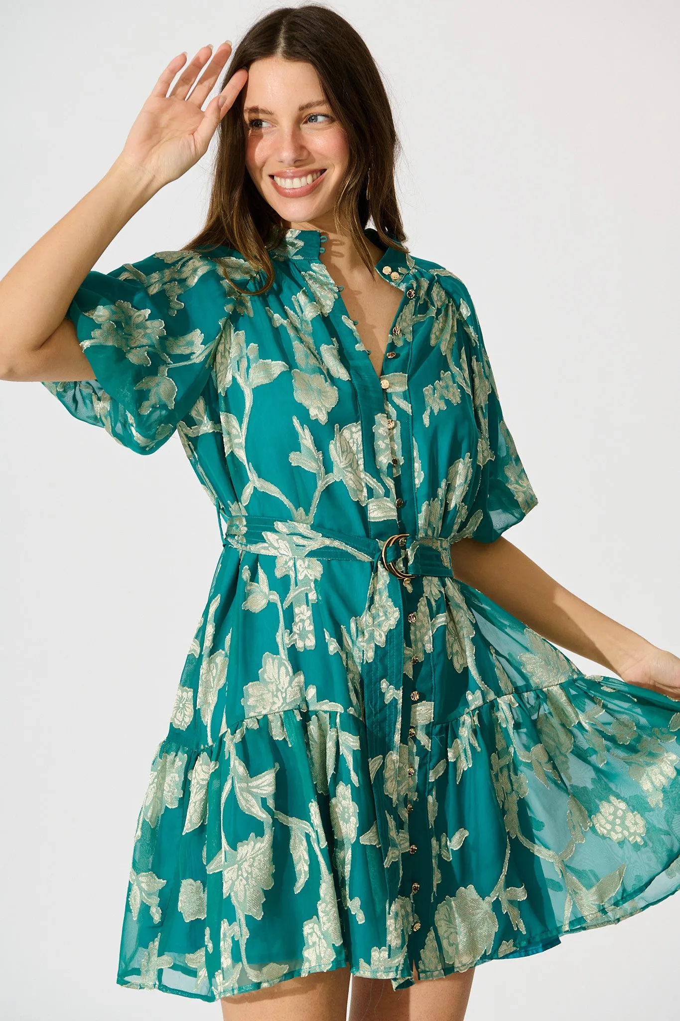 Dawnfall Dress in Teal with Pale Gold Floral Burnout Chiffon sold by St Frock product image thumbnail 2