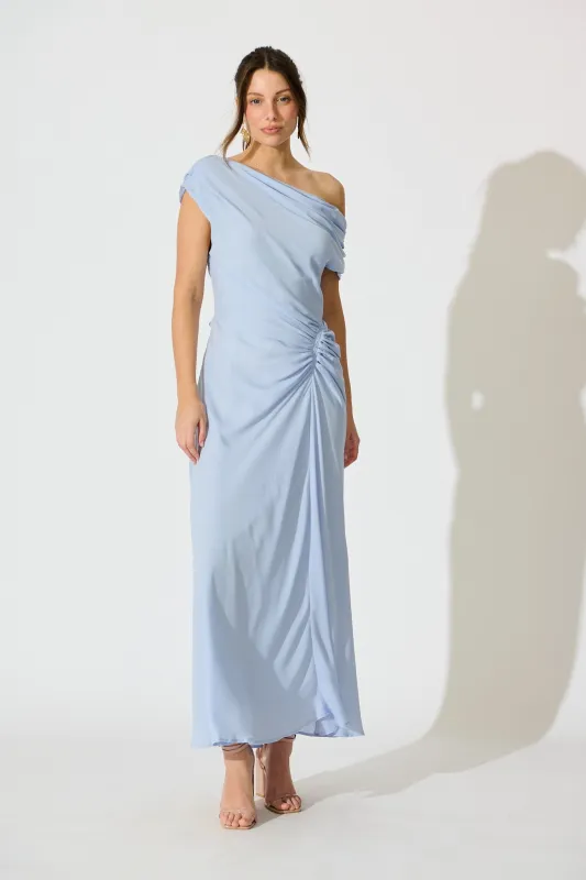 Marielle Off Shoulder Maxi Dress in Dusty Blue Chiffon sold by St Frock