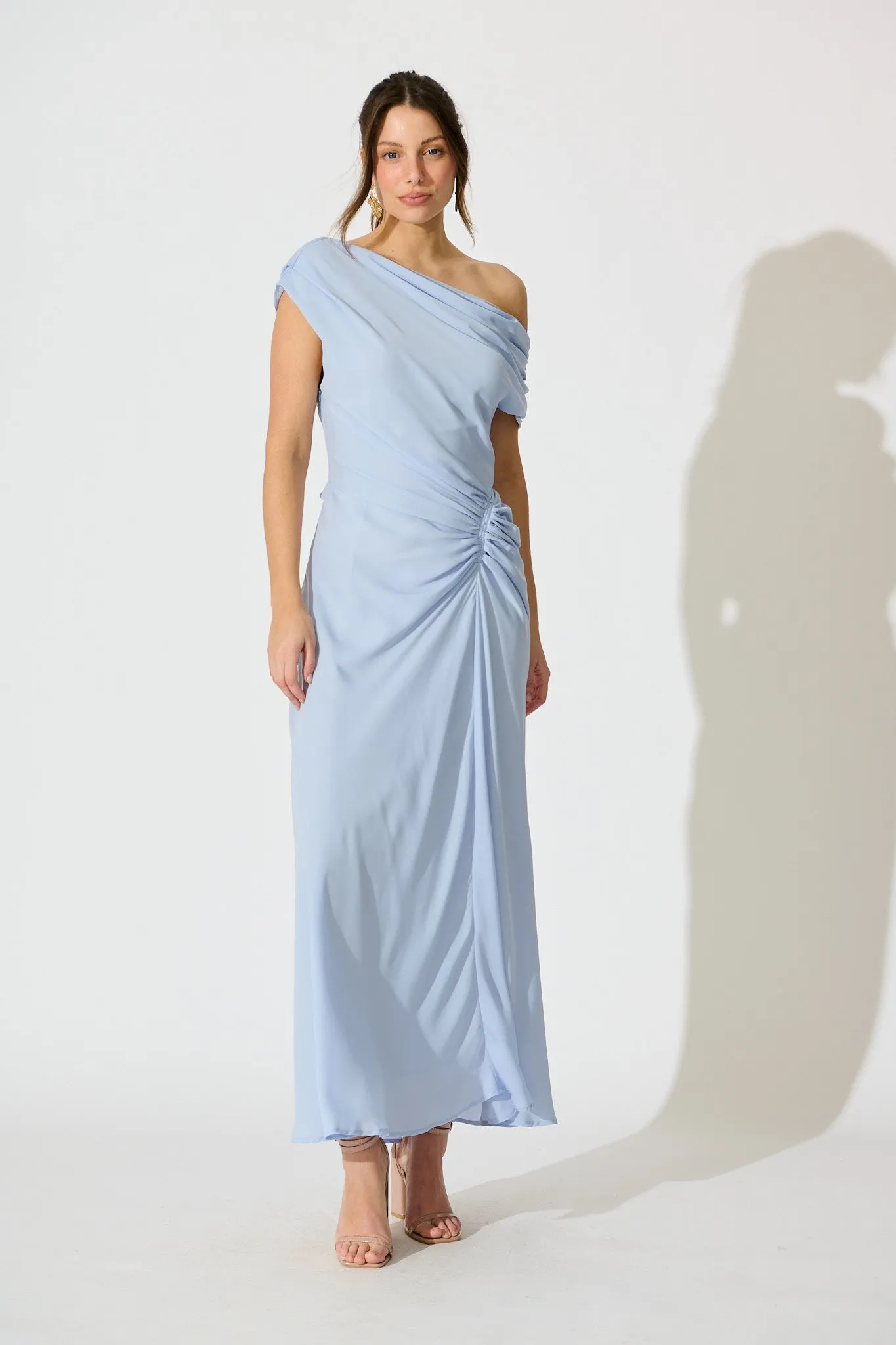 Marielle Off Shoulder Maxi Dress in Dusty Blue Chiffon sold by St Frock
