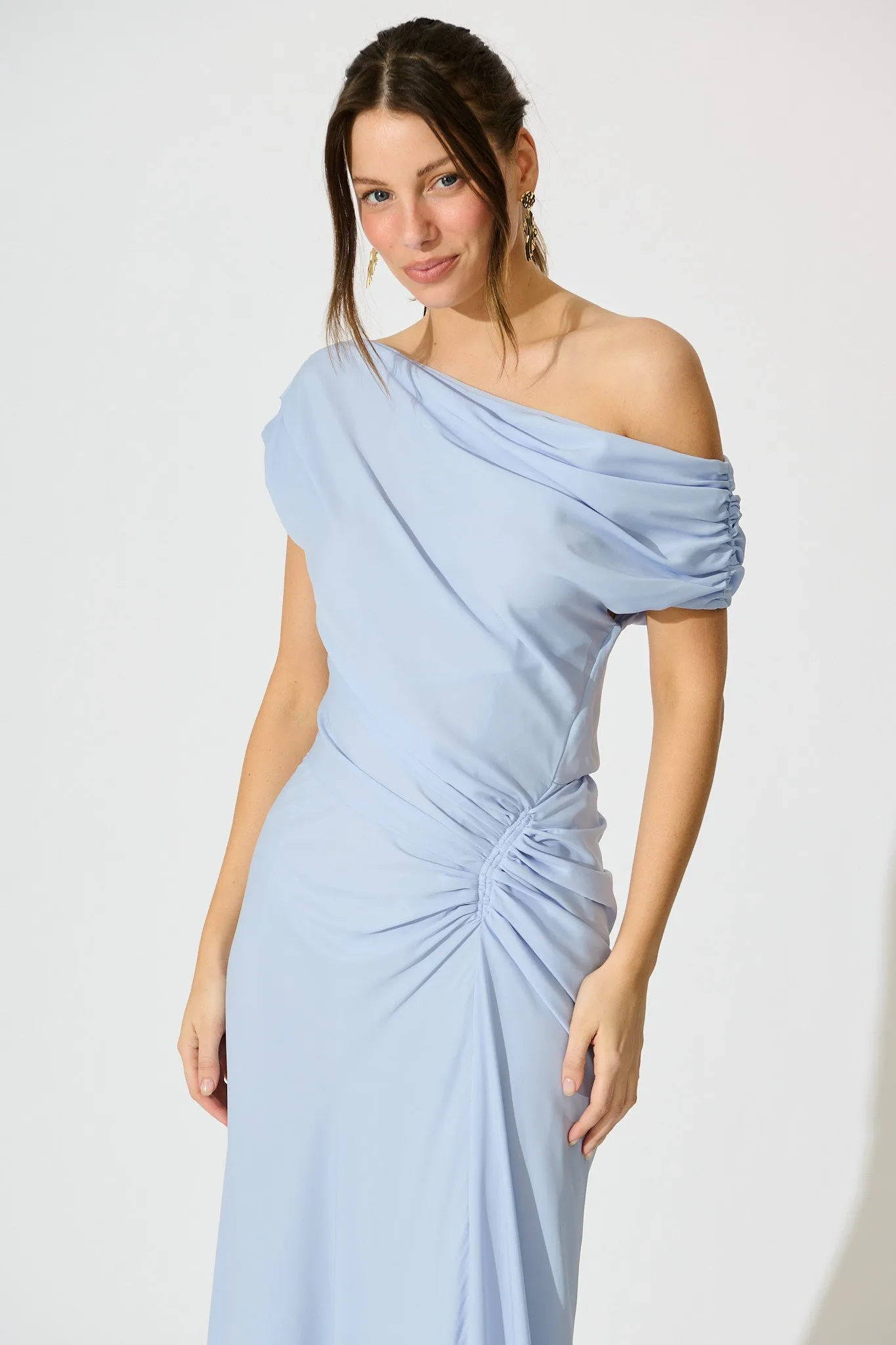 Marielle Off Shoulder Maxi Dress in Dusty Blue Chiffon sold by St Frock product image thumbnail 2