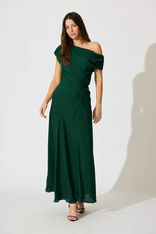 PRE ORDER Marielle Off Shoulder Maxi Dress in Emerald Chiffon sold by St Frock