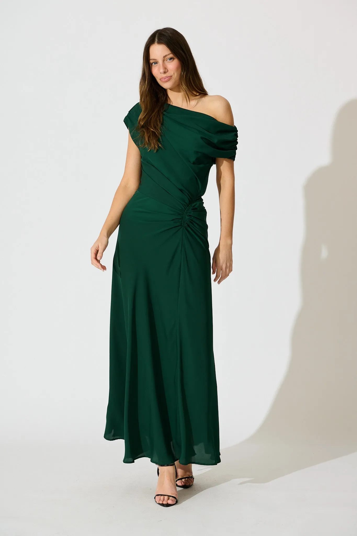 Marielle Off Shoulder Maxi Dress in Emerald Chiffon sold by St Frock