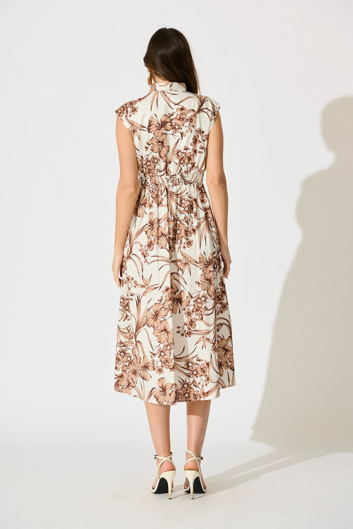 Carine Midi Dress in White with Brown Floral Print Cotton sold by St Frock product image thumbnail 4
