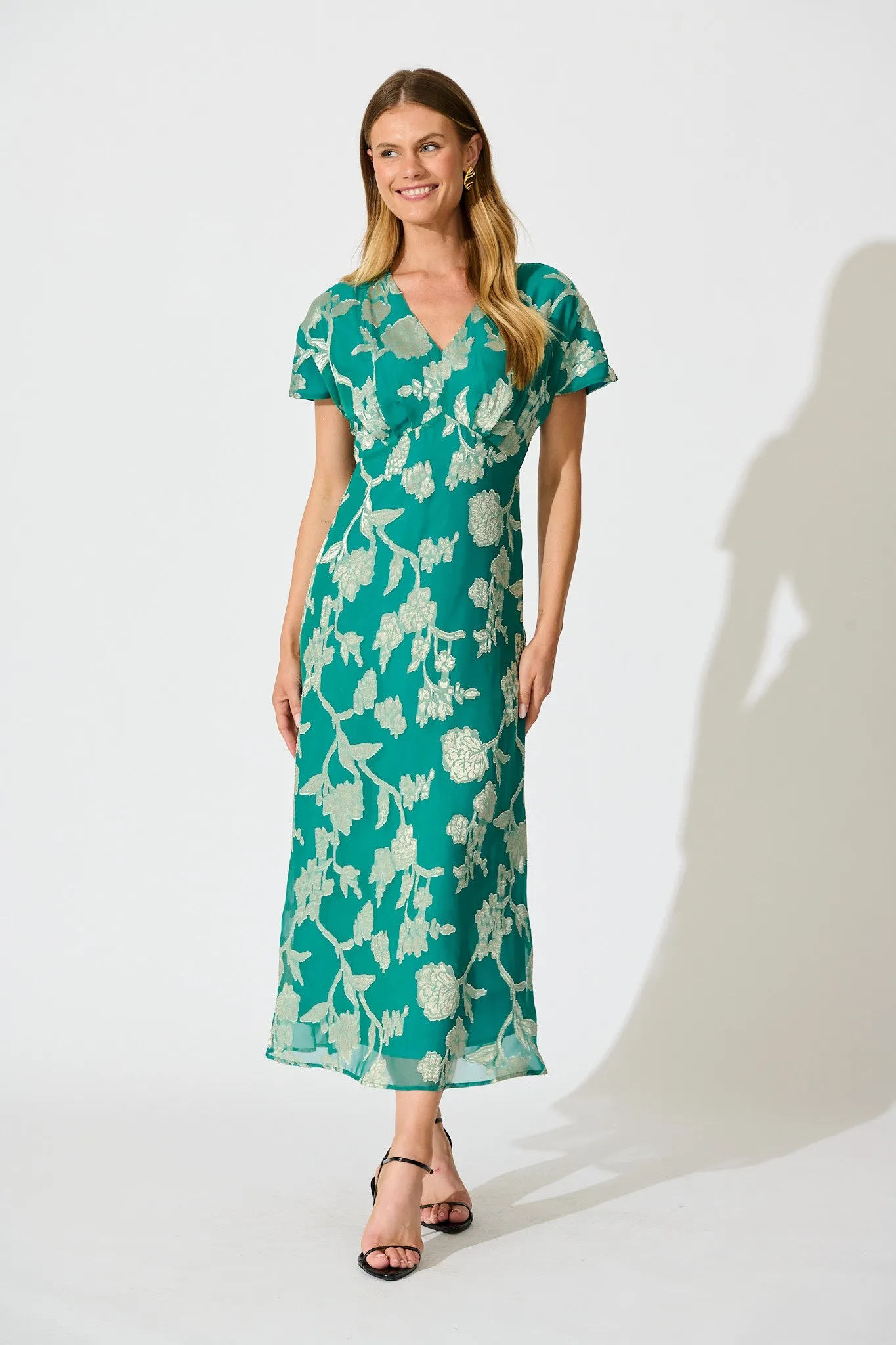 Maelis Maxi Dress in Teal and Gold Burnout Chiffon sold by St Frock