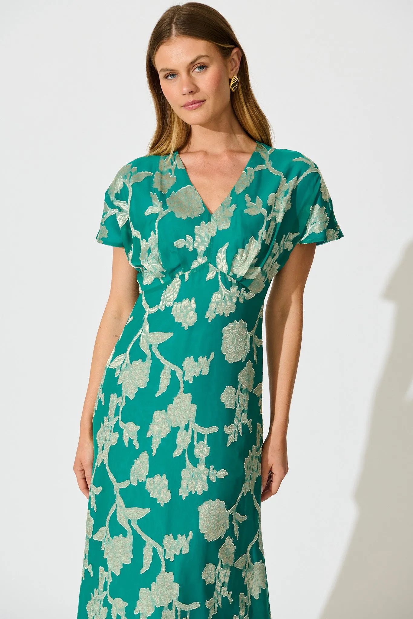 Maelis Maxi Dress in Teal and Gold Burnout Chiffon sold by St Frock product image thumbnail 2