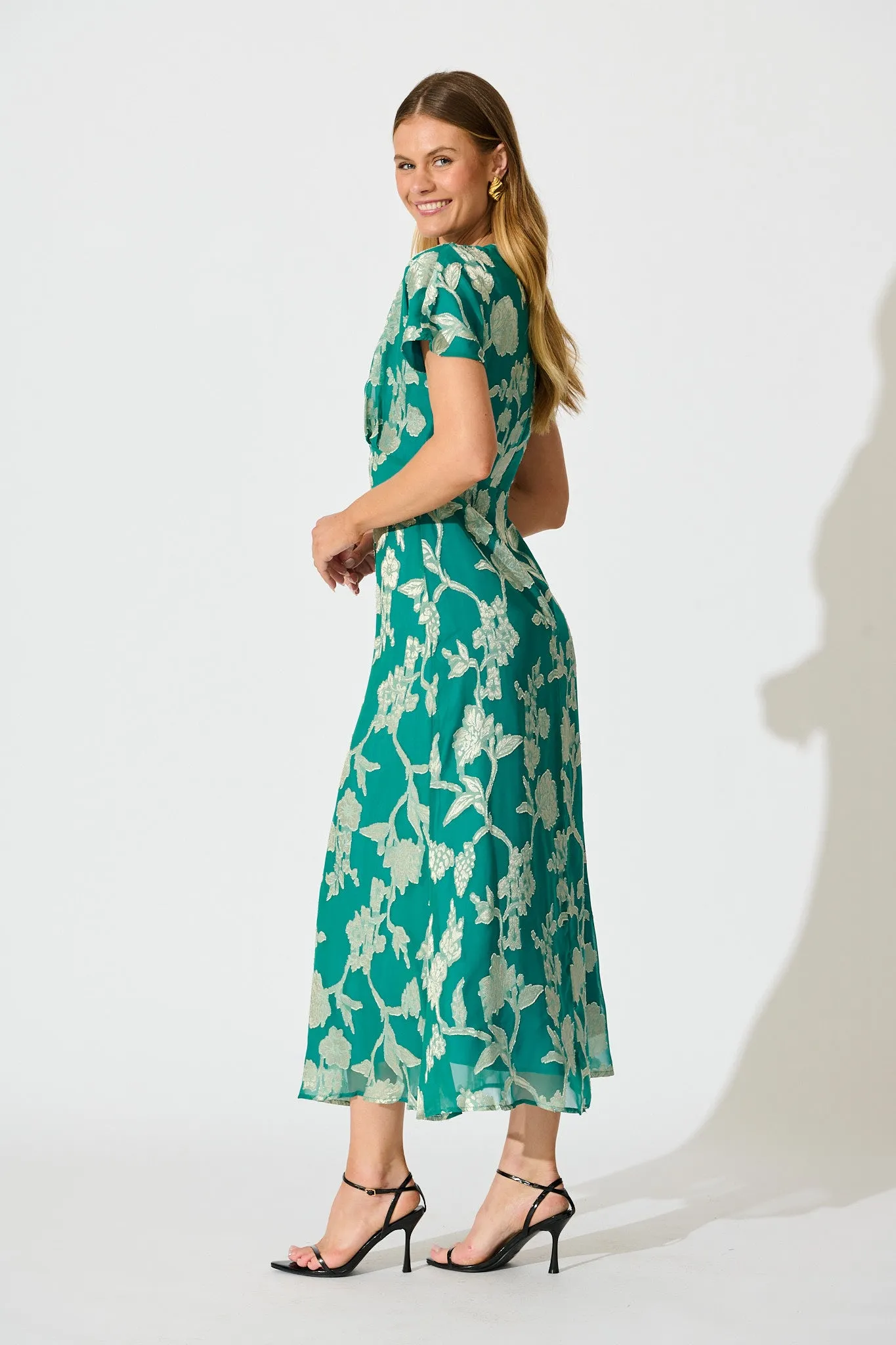 Maelis Maxi Dress in Teal and Gold Burnout Chiffon sold by St Frock product image thumbnail 3