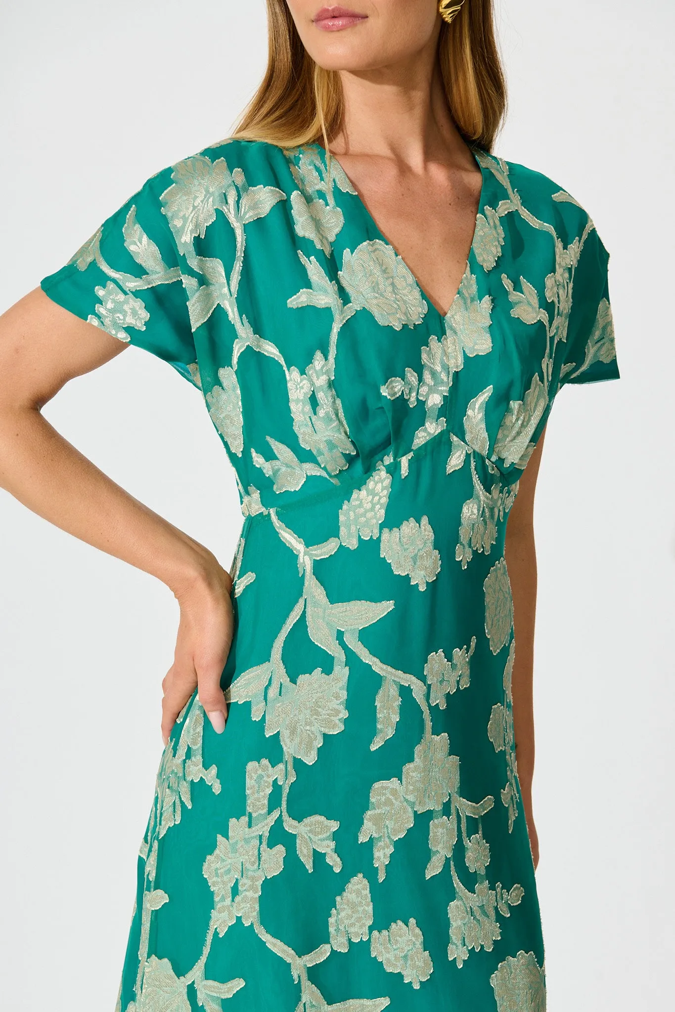 Maelis Maxi Dress in Teal and Gold Burnout Chiffon sold by St Frock product image thumbnail 5