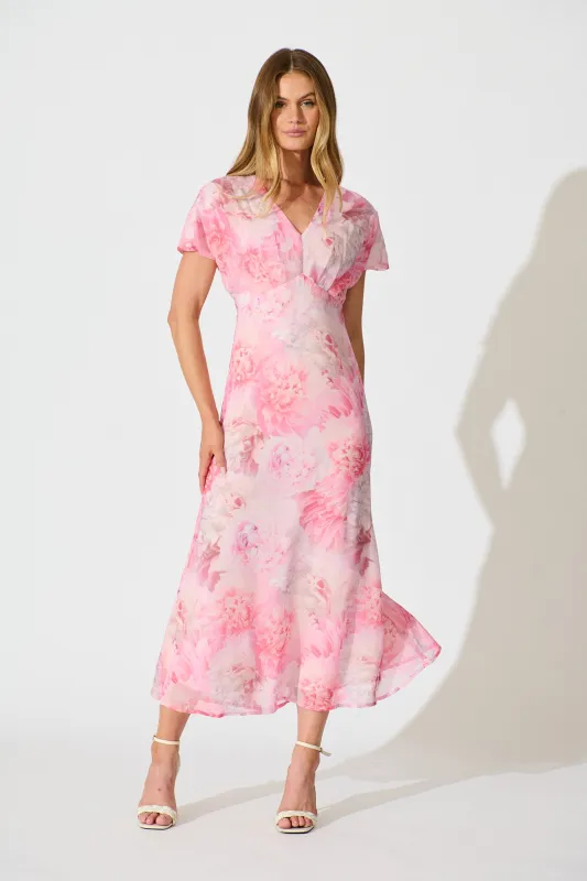 Maelis Maxi Dress in Pink Floral Chiffon sold by St Frock