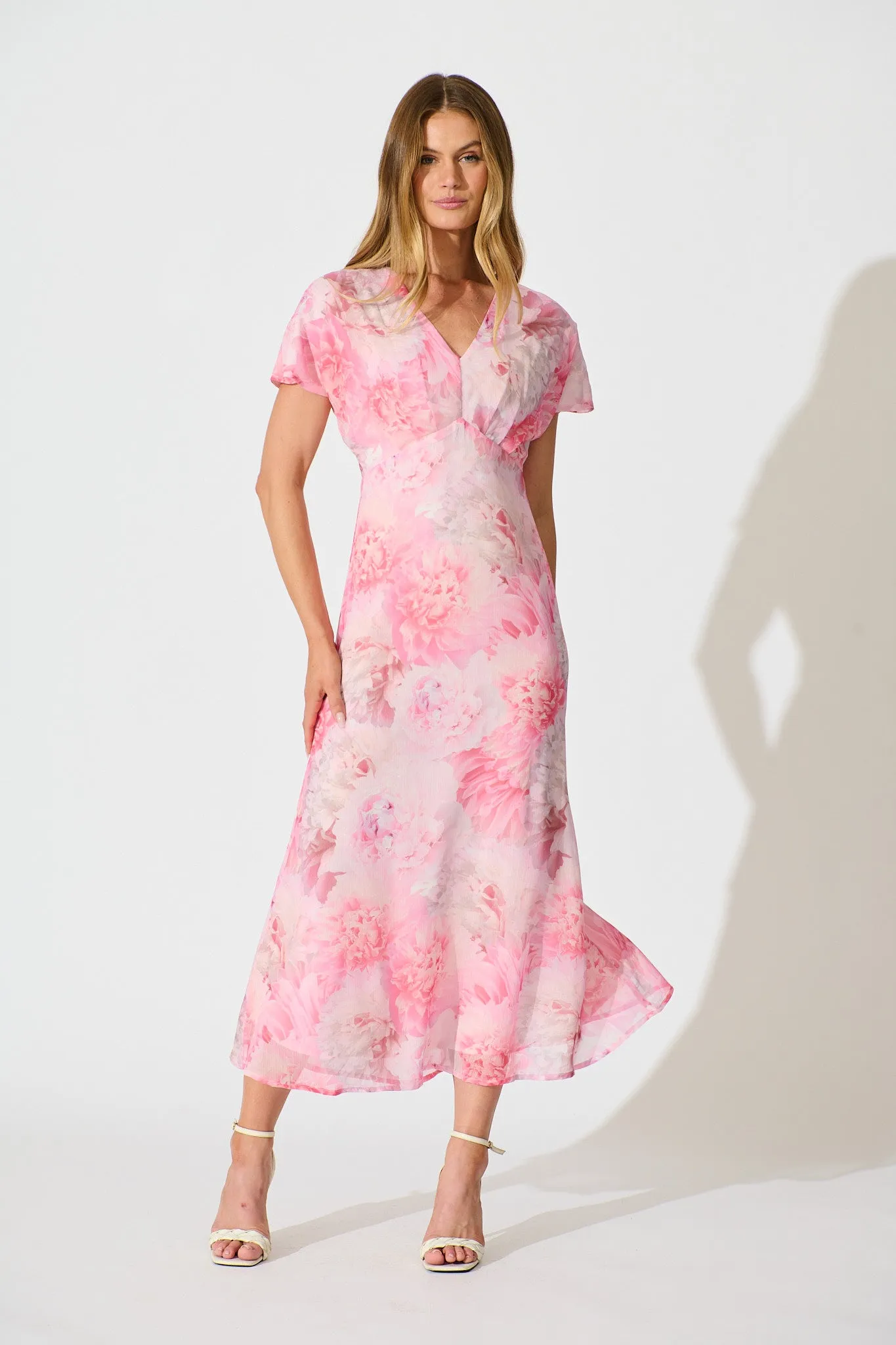 Maelis Maxi Dress in Pink Floral Chiffon sold by St Frock