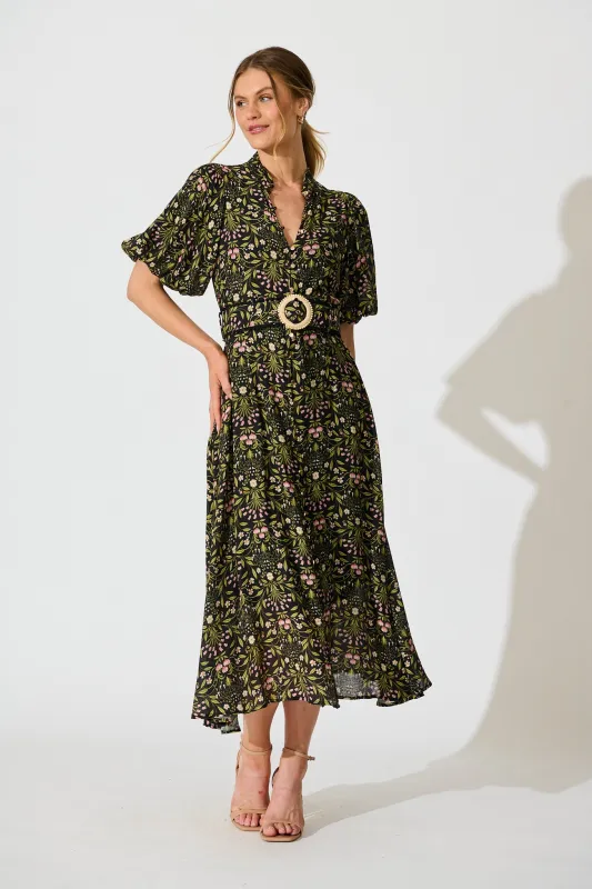 Selestia Maxi Dress in Black Floral sold by St Frock