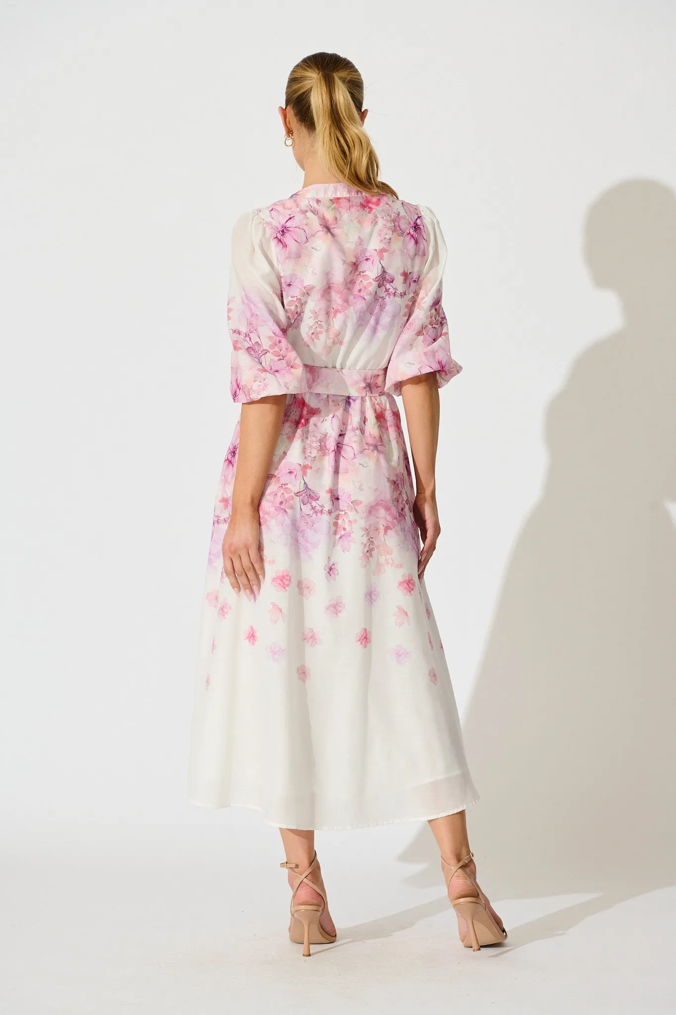 Elaria Maxi Dress in White with Purple Floral Cotton Blend sold by St Frock product image thumbnail 4