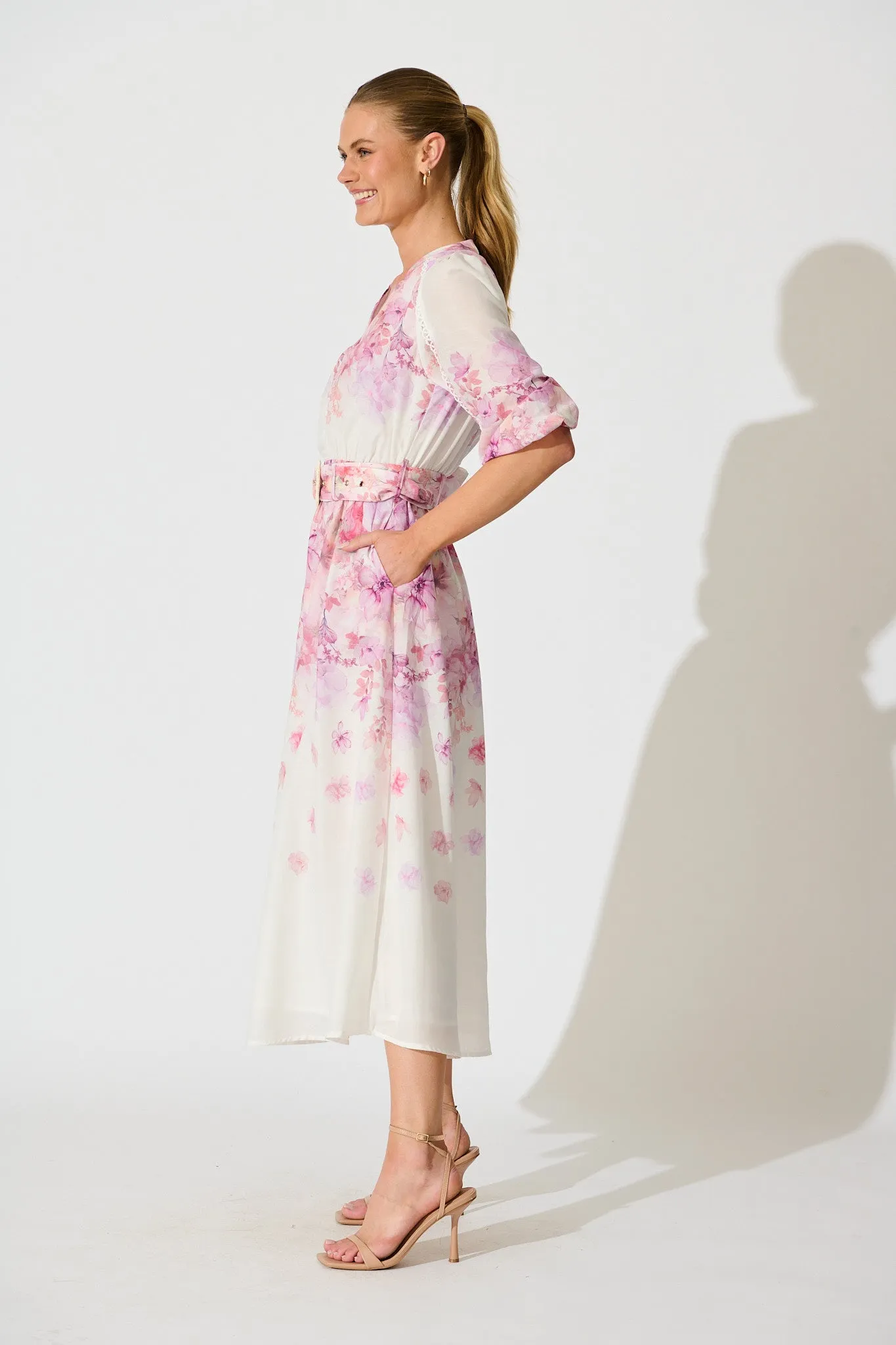Elaria Maxi Dress in White with Purple Floral Cotton Blend sold by St Frock product image thumbnail 3