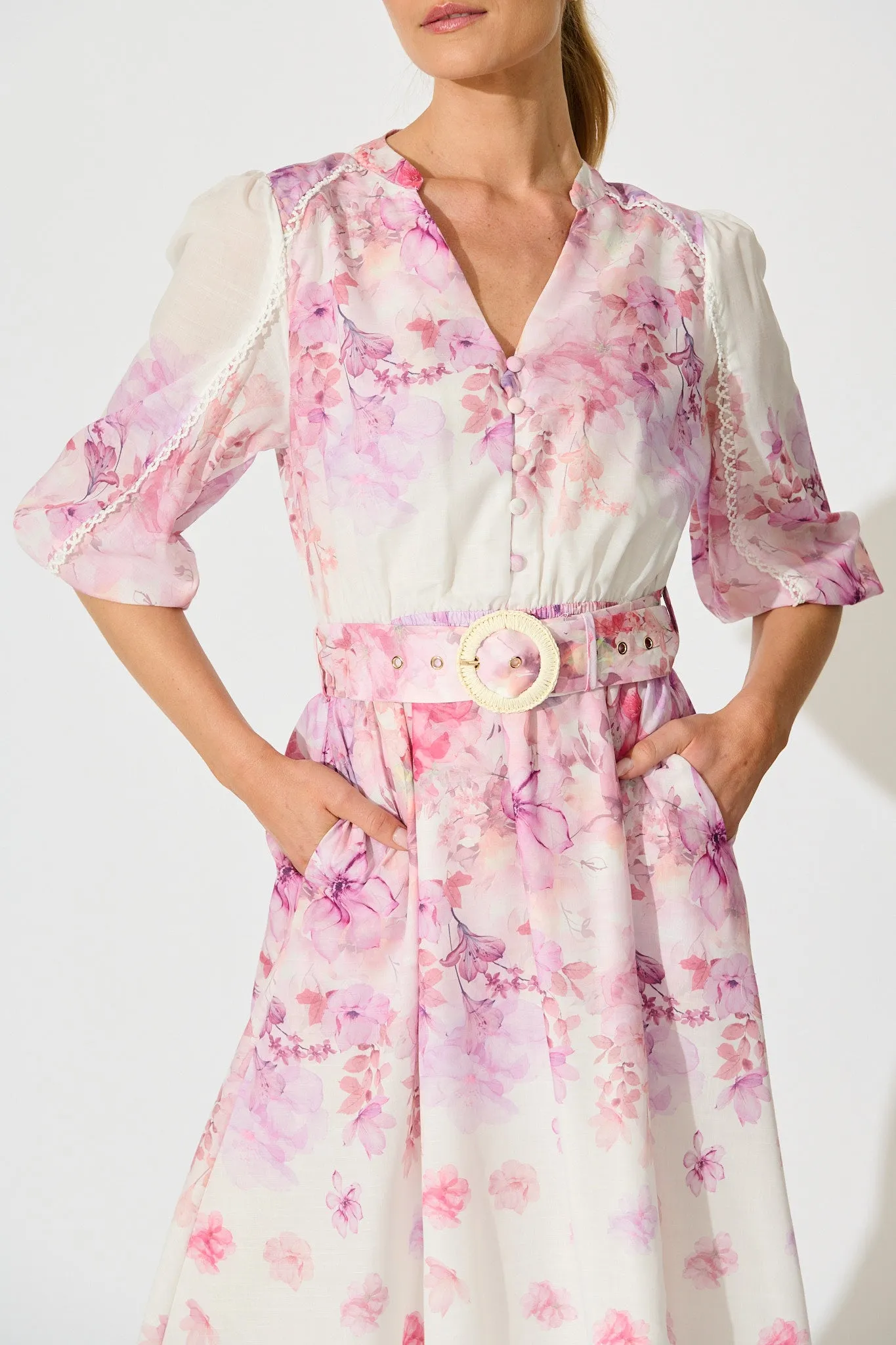 Elaria Maxi Dress in White with Purple Floral Cotton Blend sold by St Frock product image thumbnail 5