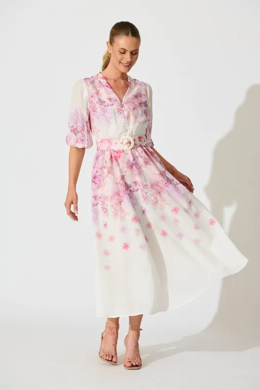 Elaria Maxi Dress in White with Purple Floral Cotton Blend sold by St Frock