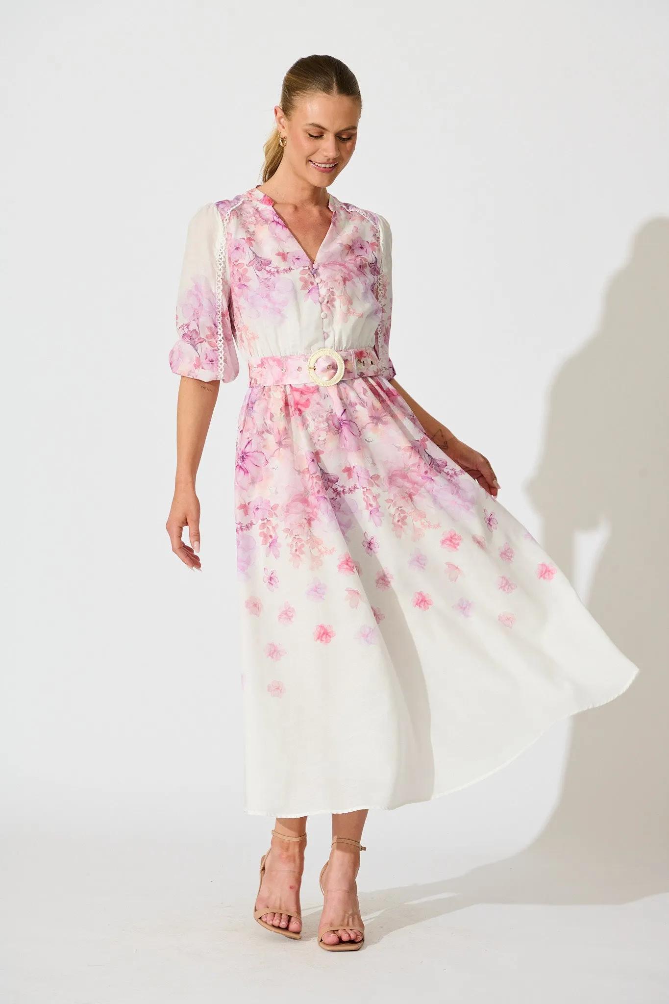 Elaria Maxi Dress in White with Purple Floral Cotton Blend sold by St Frock