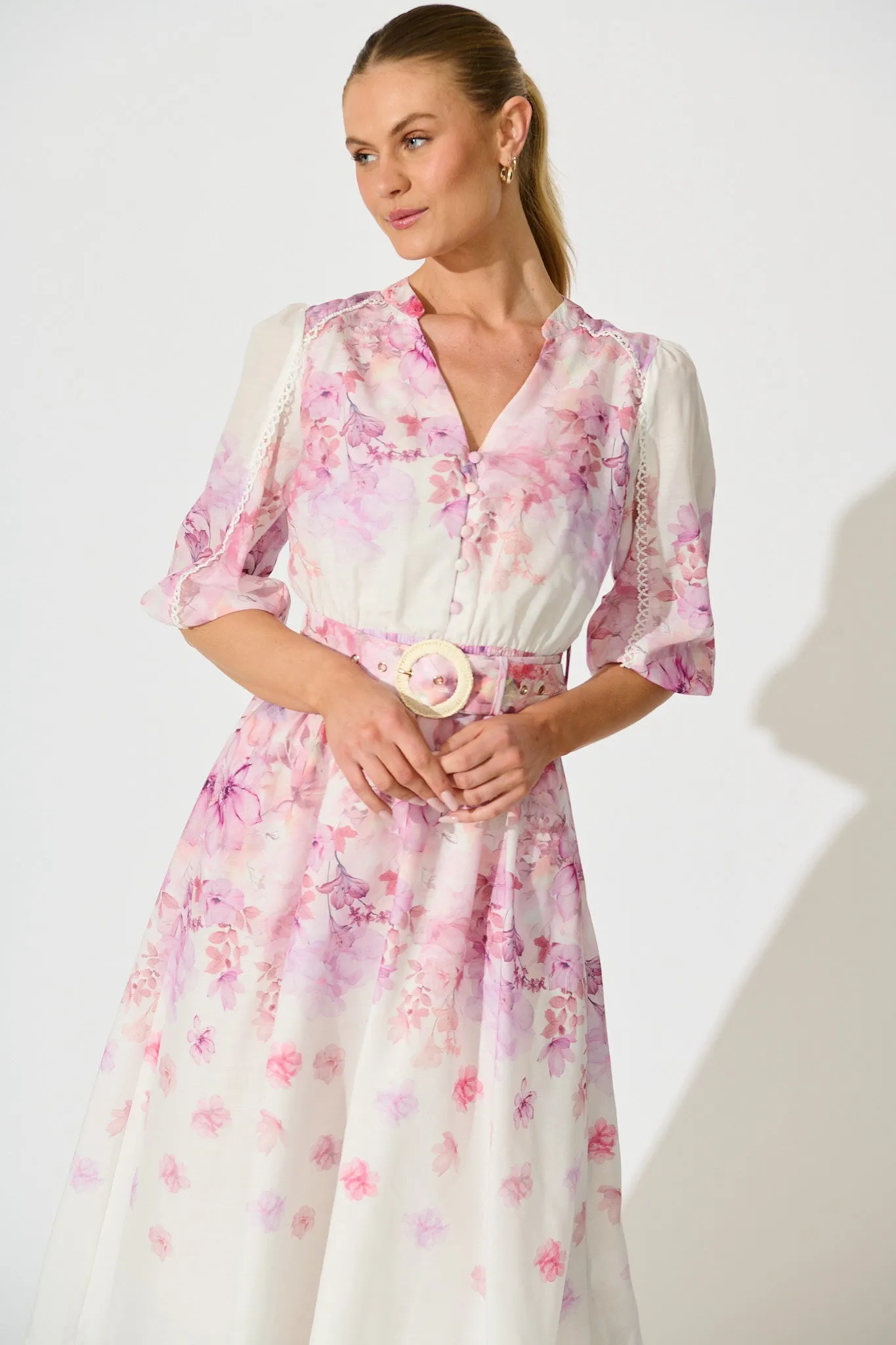 Elaria Maxi Dress in White with Purple Floral Cotton Blend sold by St Frock product image thumbnail 2