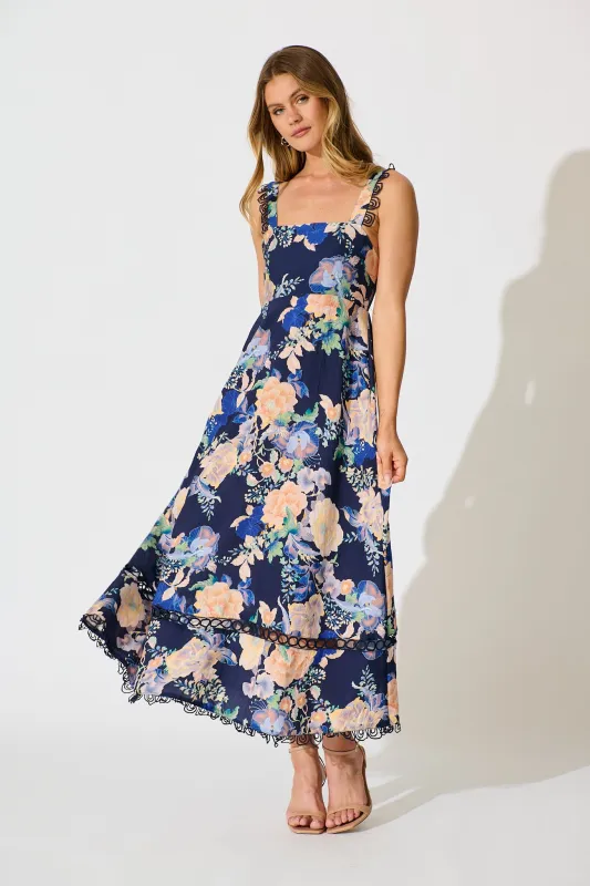 Nela Maxi Sundress In Navy with Multi Floral sold by St Frock