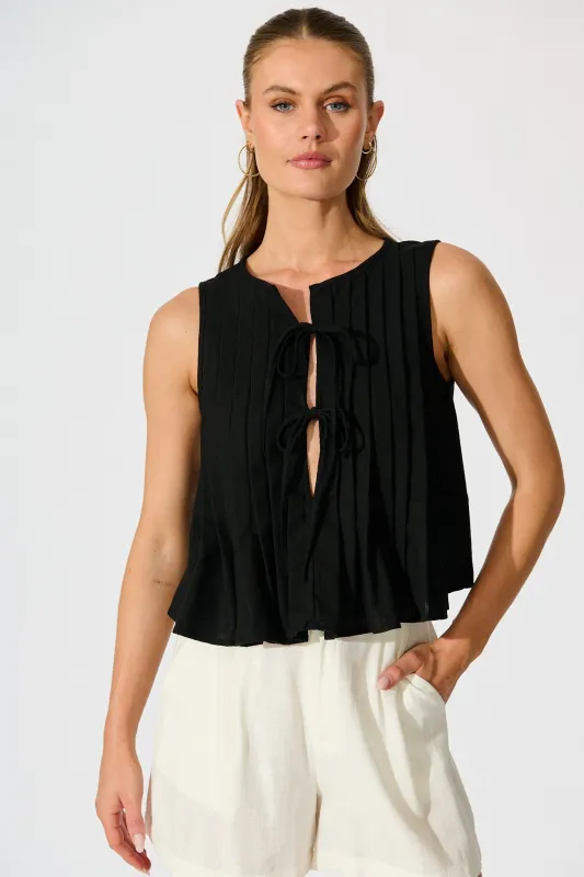 Destina Tie Front Top in Black Linen Blend sold by St Frock