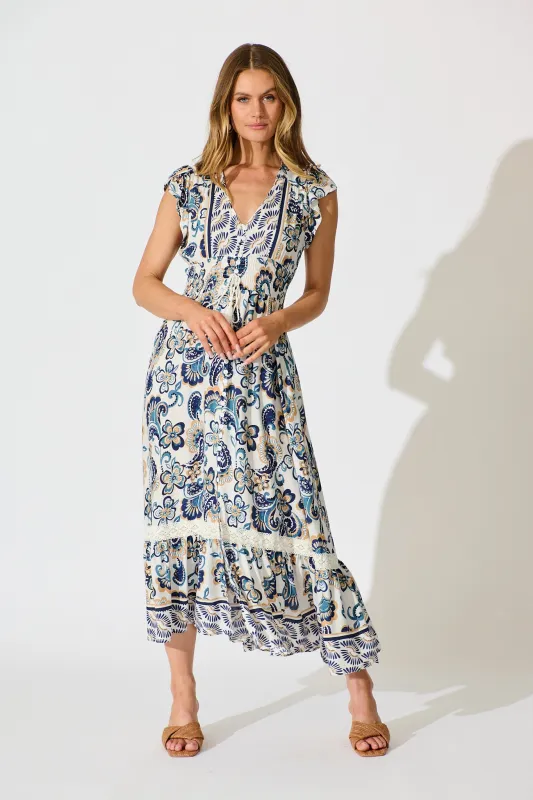 Ilysssa Maxi Dress in White with Blue Boho Print sold by St Frock
