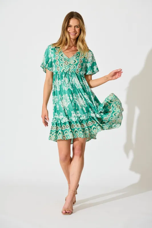 Zanayah Dress in Green with White Boho Print sold by St Frock