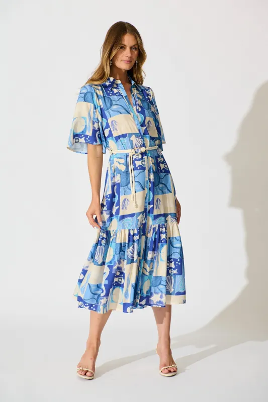 Cera Midi Shirt Dress in Blue Sea Shell Print sold by St Frock