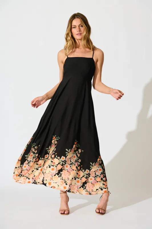 Dusky Petals Sundress in Black with Floral Print sold by St Frock