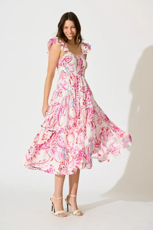Imee Midi Sundress in White with Pink Abstract Floral sold by St Frock
