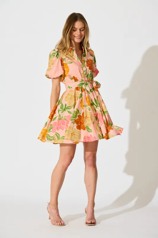 Beck Shirt Dress in Peach Floral Cotton sold by St Frock
