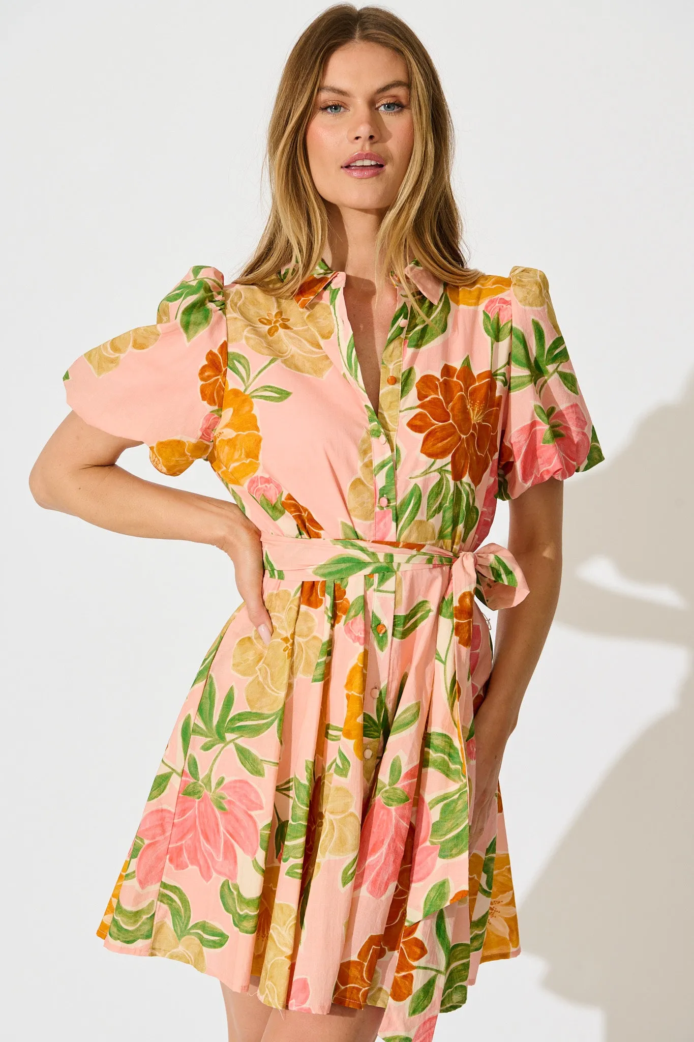 Beck Shirt Dress in Peach Floral Cotton sold by St Frock product image thumbnail 2