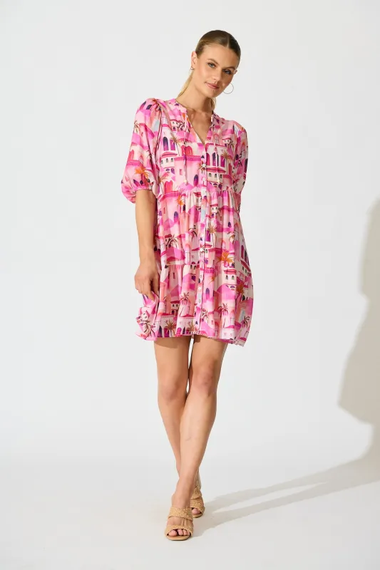 Emelyn Smock Dress in Pink Resort Print sold by St Frock