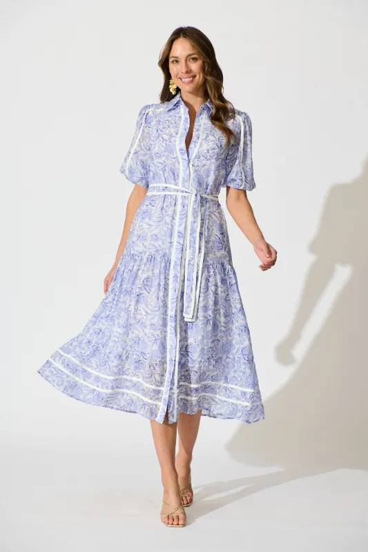 Zora Maxi Shirt Dress in Blue Floral Cotton Blend sold by St Frock