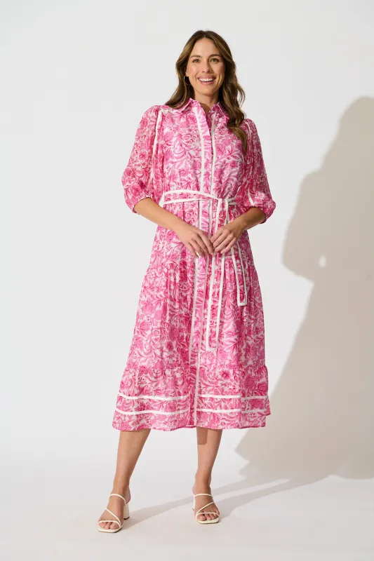 Zora Maxi Shirt Dress in Pink Floral Cotton Blend sold by St Frock